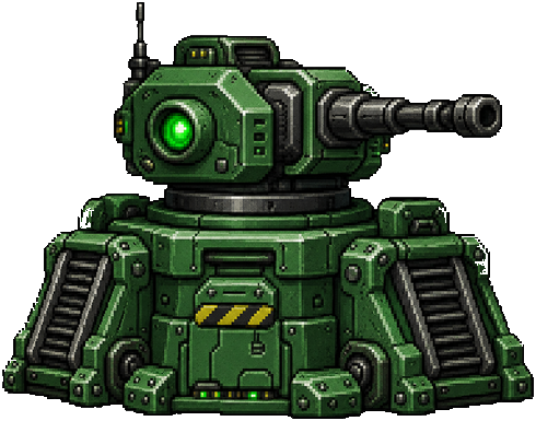 Turret enemy — a green drifting sentry with a tracking barrel